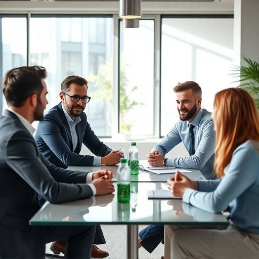 Equipe de profissionais em reunião com ambiente de trabalho colaborativo.