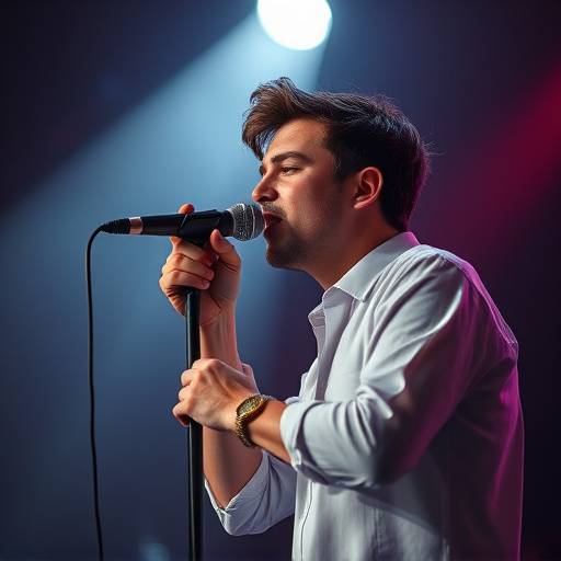 Imagem de um cantor segurando um microfone e cantando.