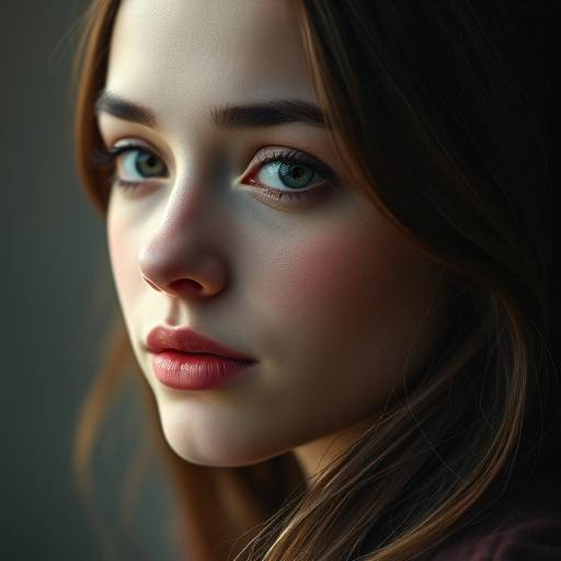 Retrato de uma jovem mulher com expressão serena e iluminaäão suave.