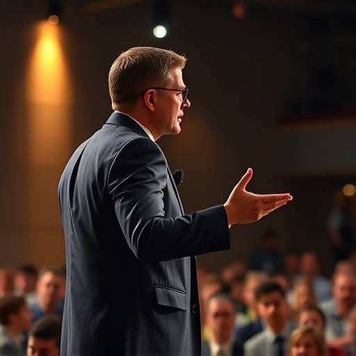 Um orador confiante no palco, gesticulando para a plateia